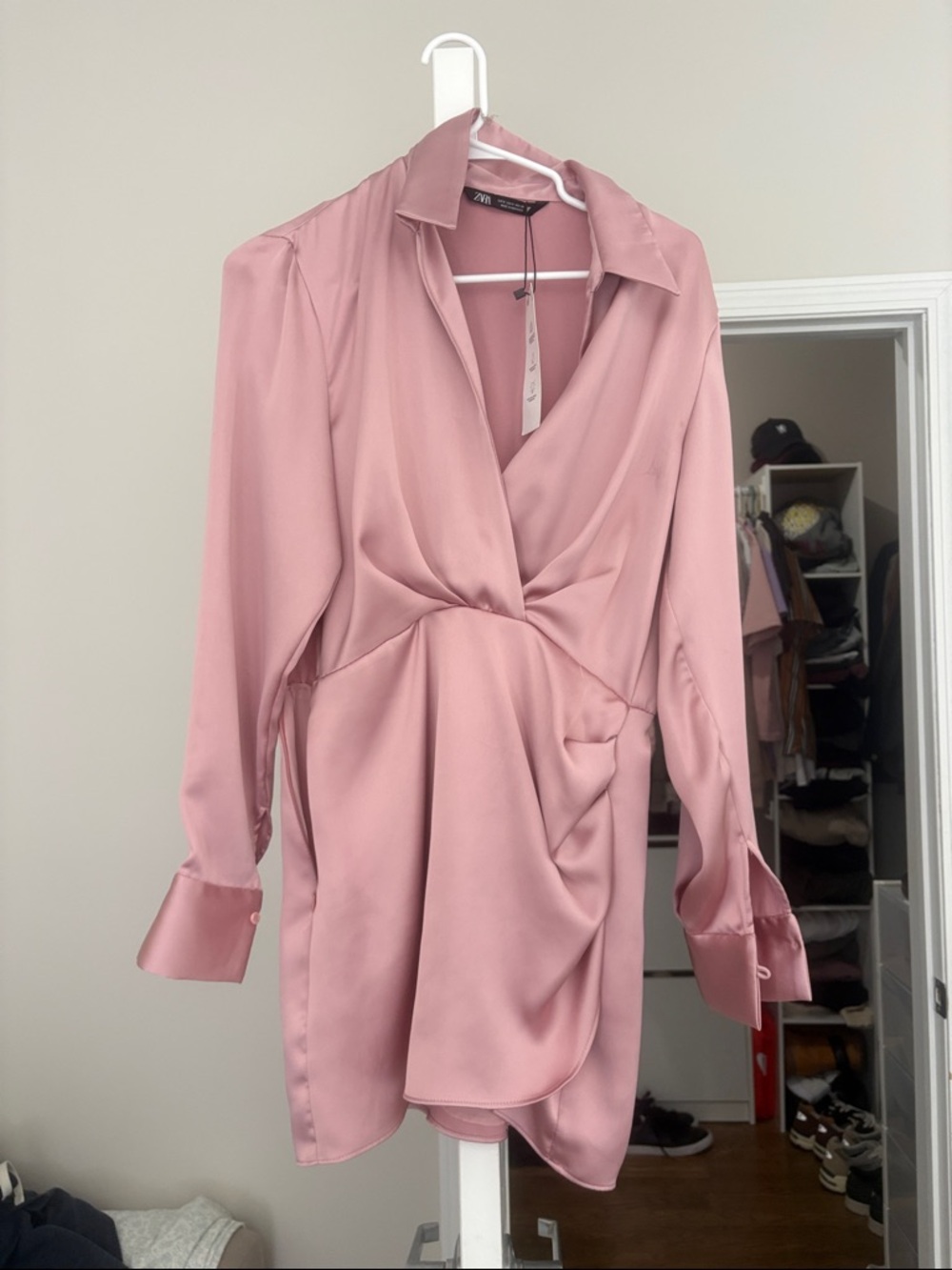NWT Zara Silky Pink Satin Wrap-Style Dress